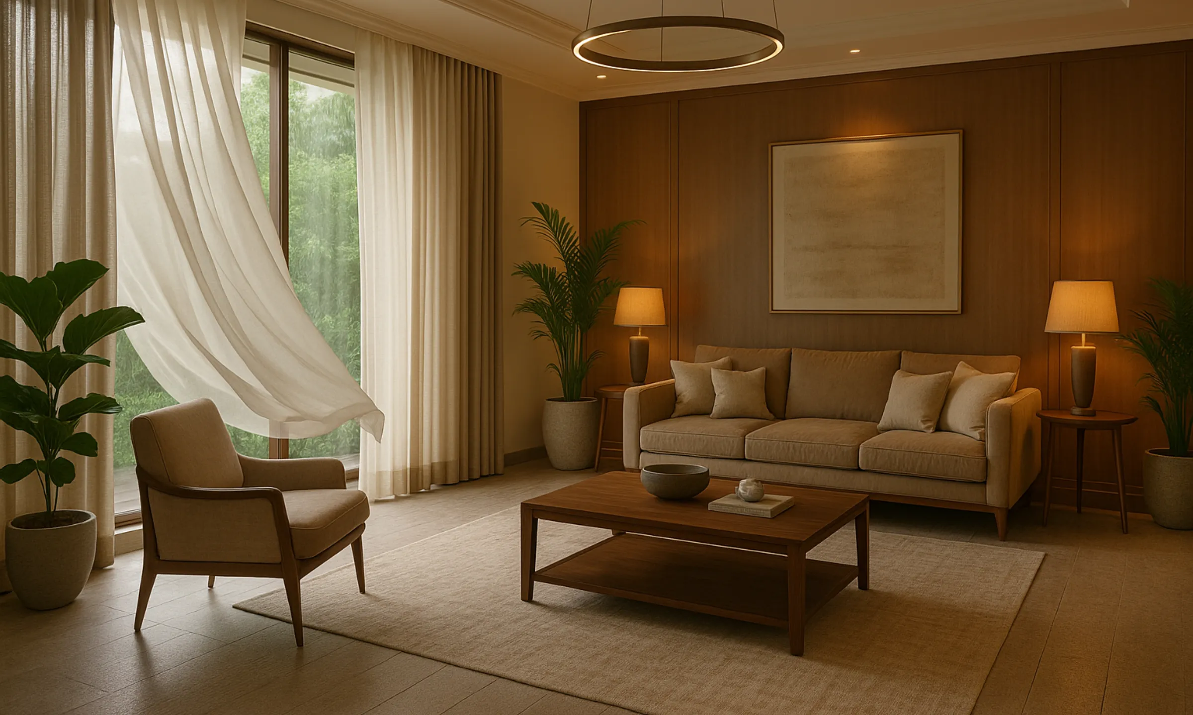 Luxury monsoon-ready living room interior in Bangalore with moisture-resistant materials and natural lighting