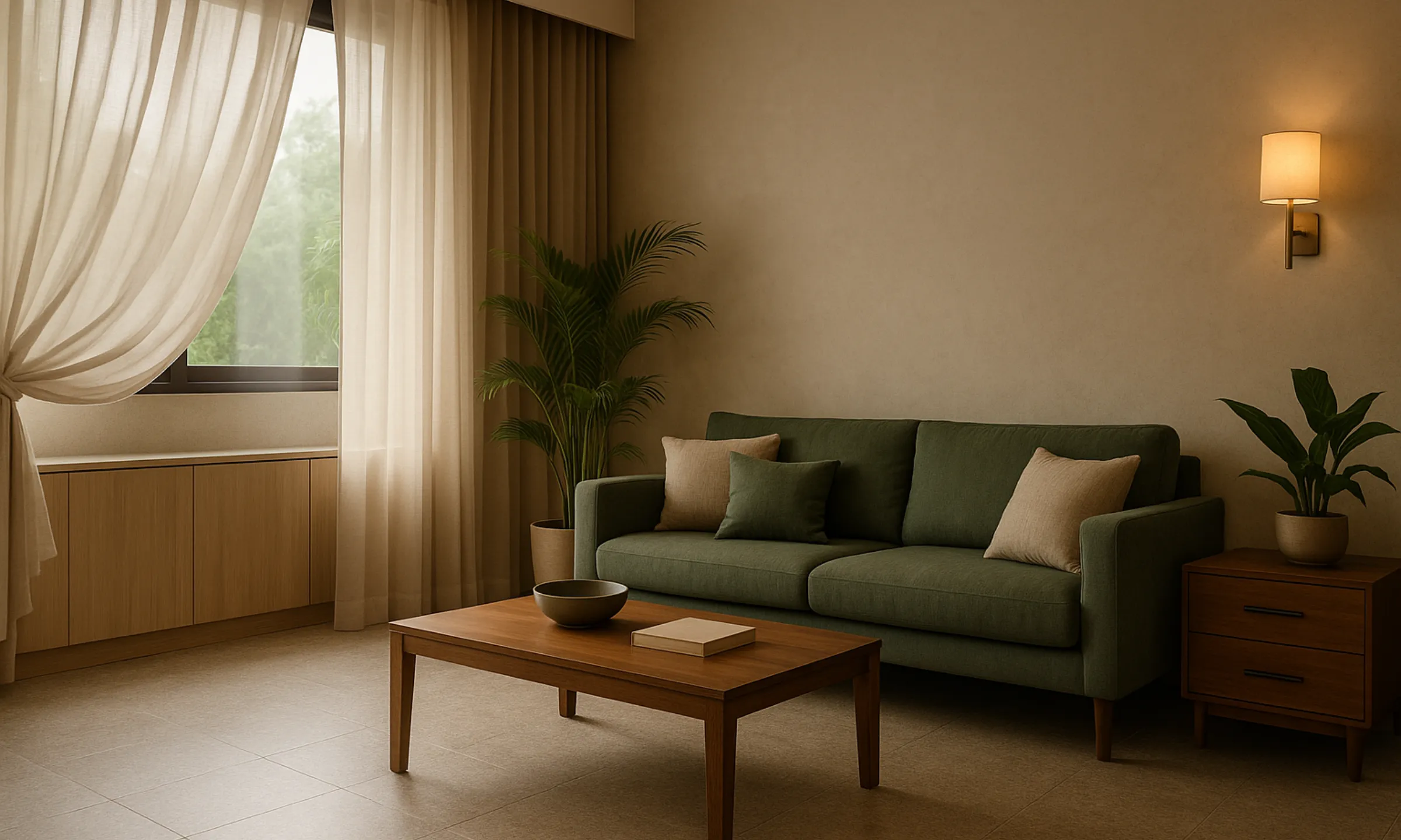 Luxury monsoon-ready living room with indoor plants, sheer curtains, and ambient lighting in Bangalore.