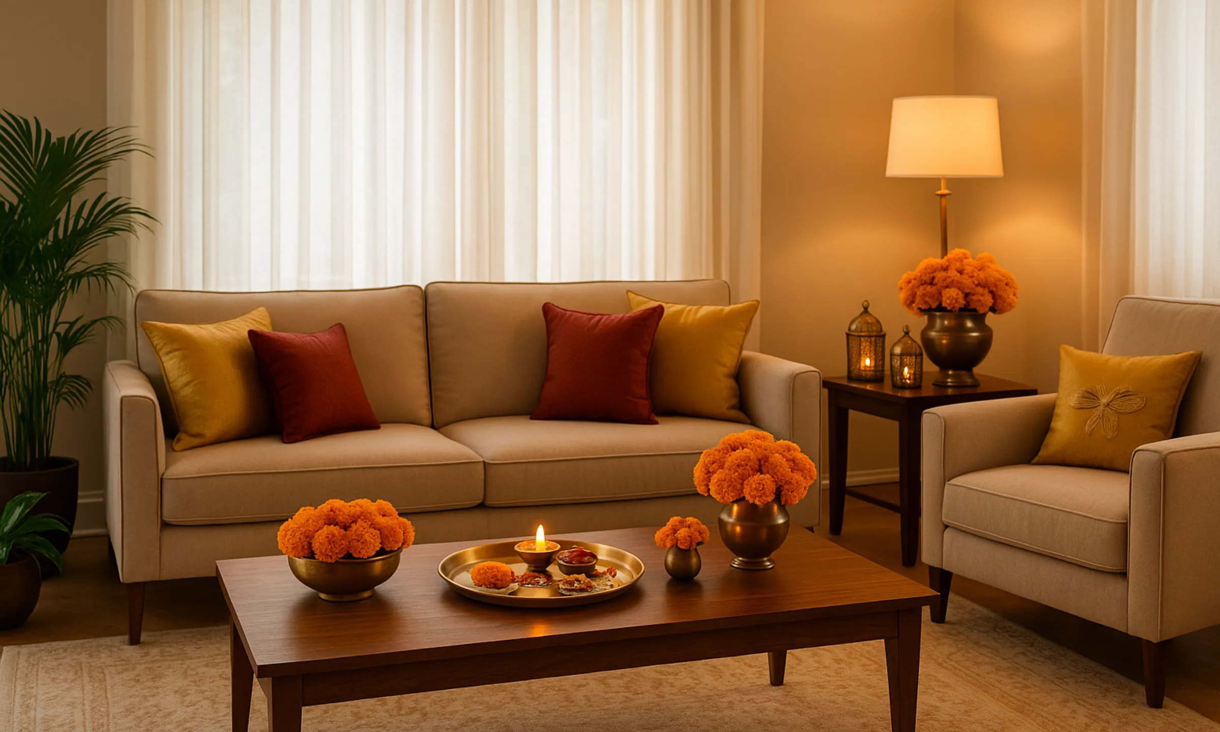 Luxury living room decorated for Raksha Bandhan with brass decor, festive flowers, and soft ambient lighting in Bangalore home.
