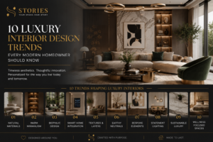 Luxury interior design trends showcasing modern living room with smart home technology, natural materials, custom furniture, and elegant contemporary interiors