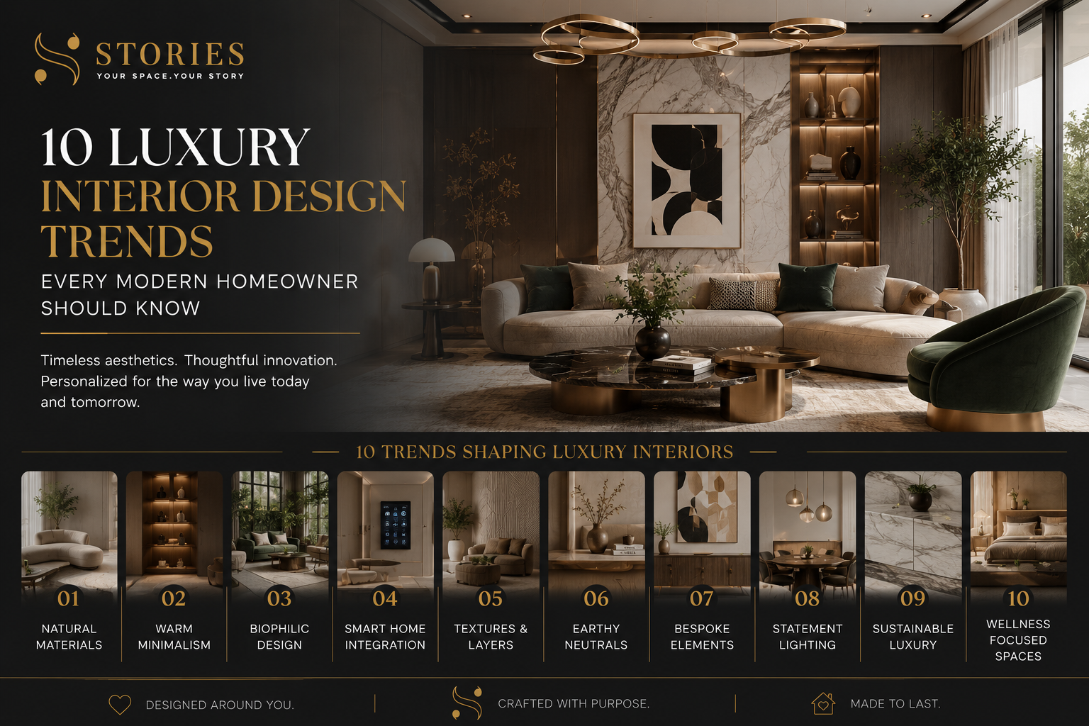 Luxury interior design trends showcasing modern living room with smart home technology, natural materials, custom furniture, and elegant contemporary interiors