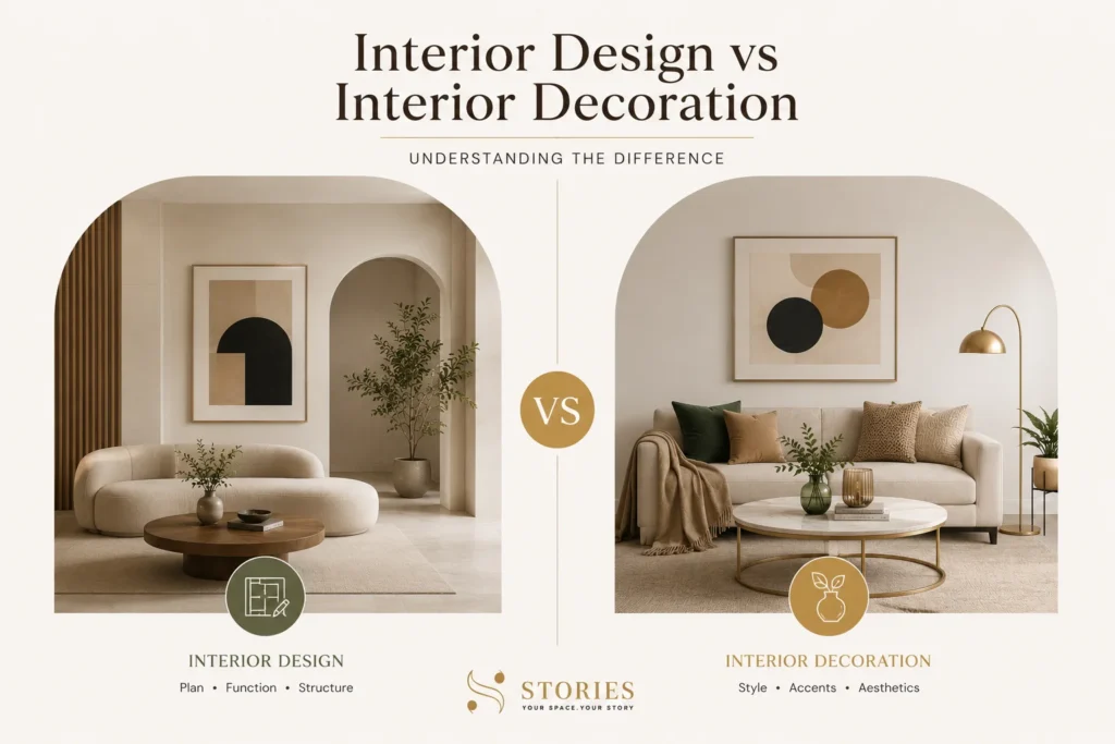 side-by-side interior design vs decoration comparison showing space planning alongside styling and décor