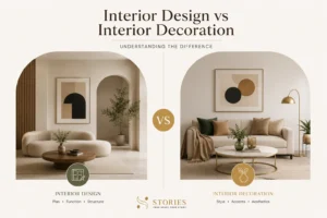 side-by-side interior design vs decoration comparison showing space planning alongside styling and décor