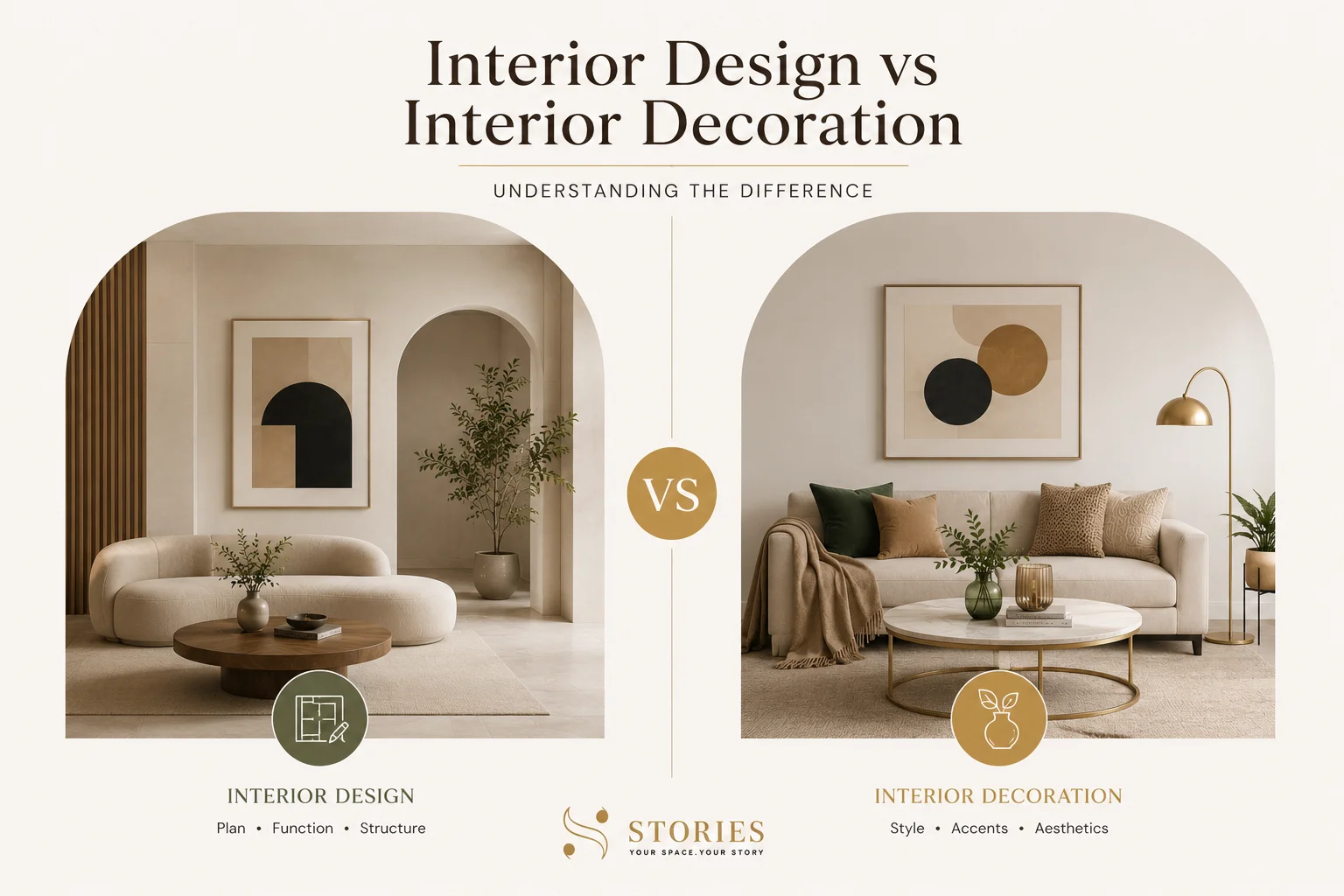 side-by-side interior design vs decoration comparison showing space planning alongside styling and décor