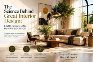 interior with layered natural and ambient lighting and balanced space planning showing the science of design