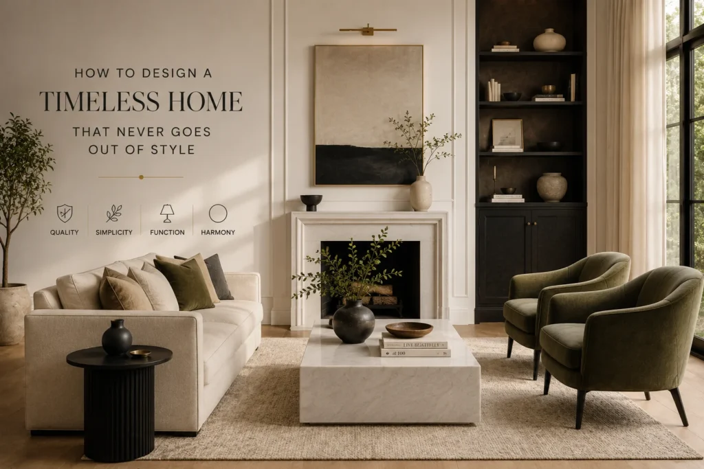 timeless living room with balanced neutral palette, quality wood furniture, and natural light that never dates