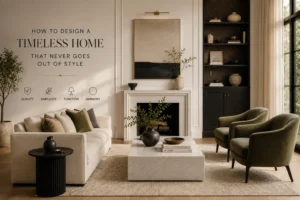 timeless living room with balanced neutral palette, quality wood furniture, and natural light that never dates