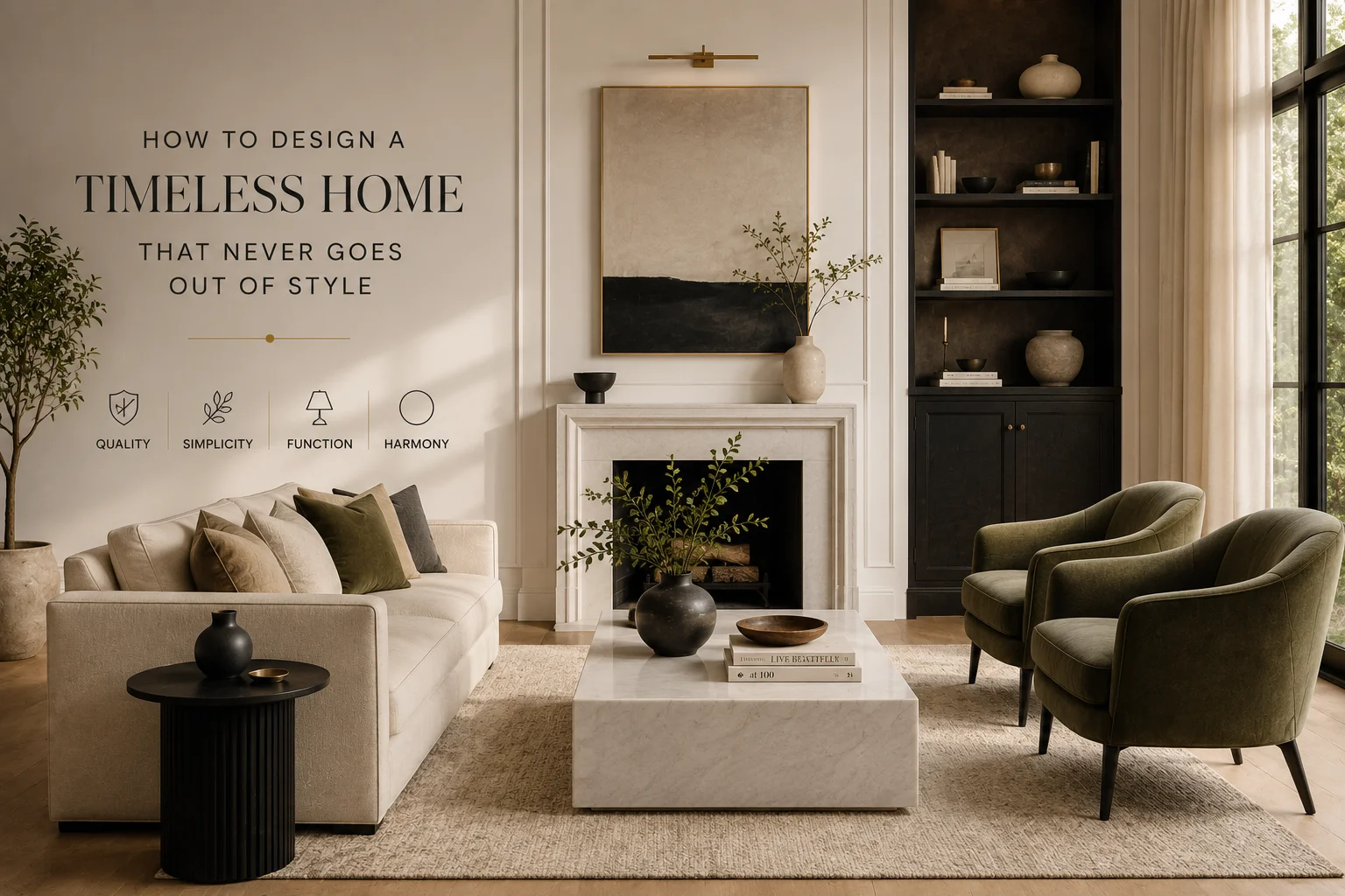 timeless living room with balanced neutral palette, quality wood furniture, and natural light that never dates
