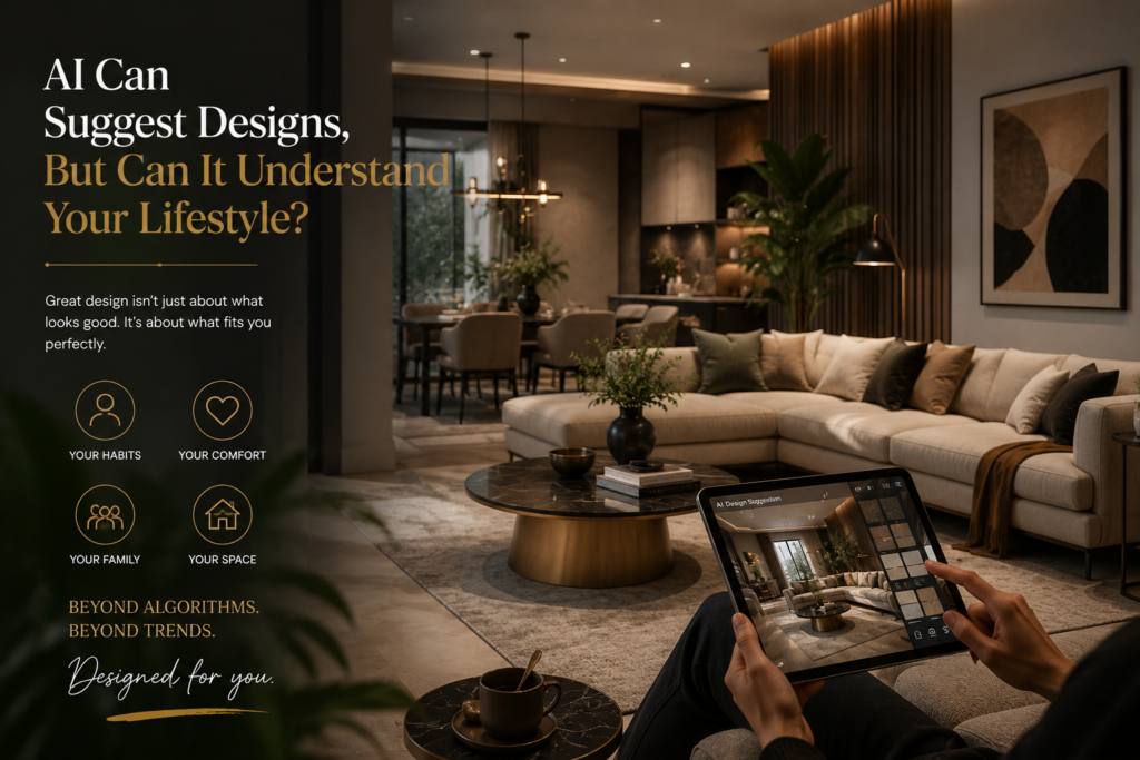 AI-generated room concept beside a designer studying a family's real routines and lifestyle needs