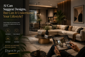 AI-generated room concept beside a designer studying a family's real routines and lifestyle needs