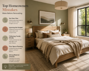 homeowner comparing budget, layout plan, and material samples to avoid common interior renovation mistakes