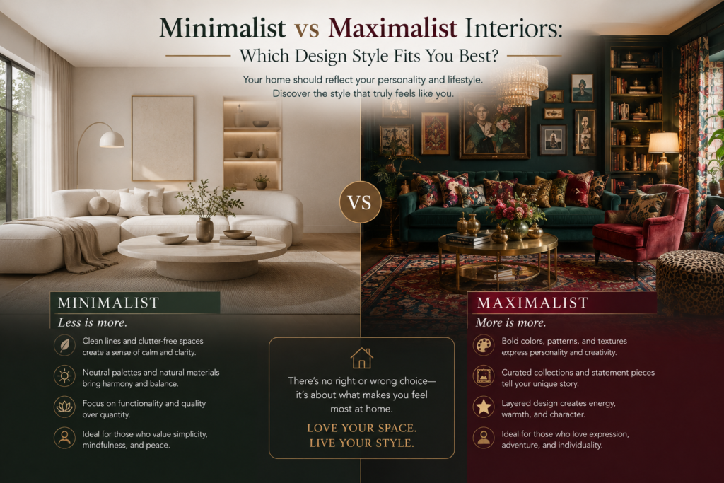 Minimalist vs maximalist interior design comparison featuring modern luxury home styles with clean and bold aesthetics.