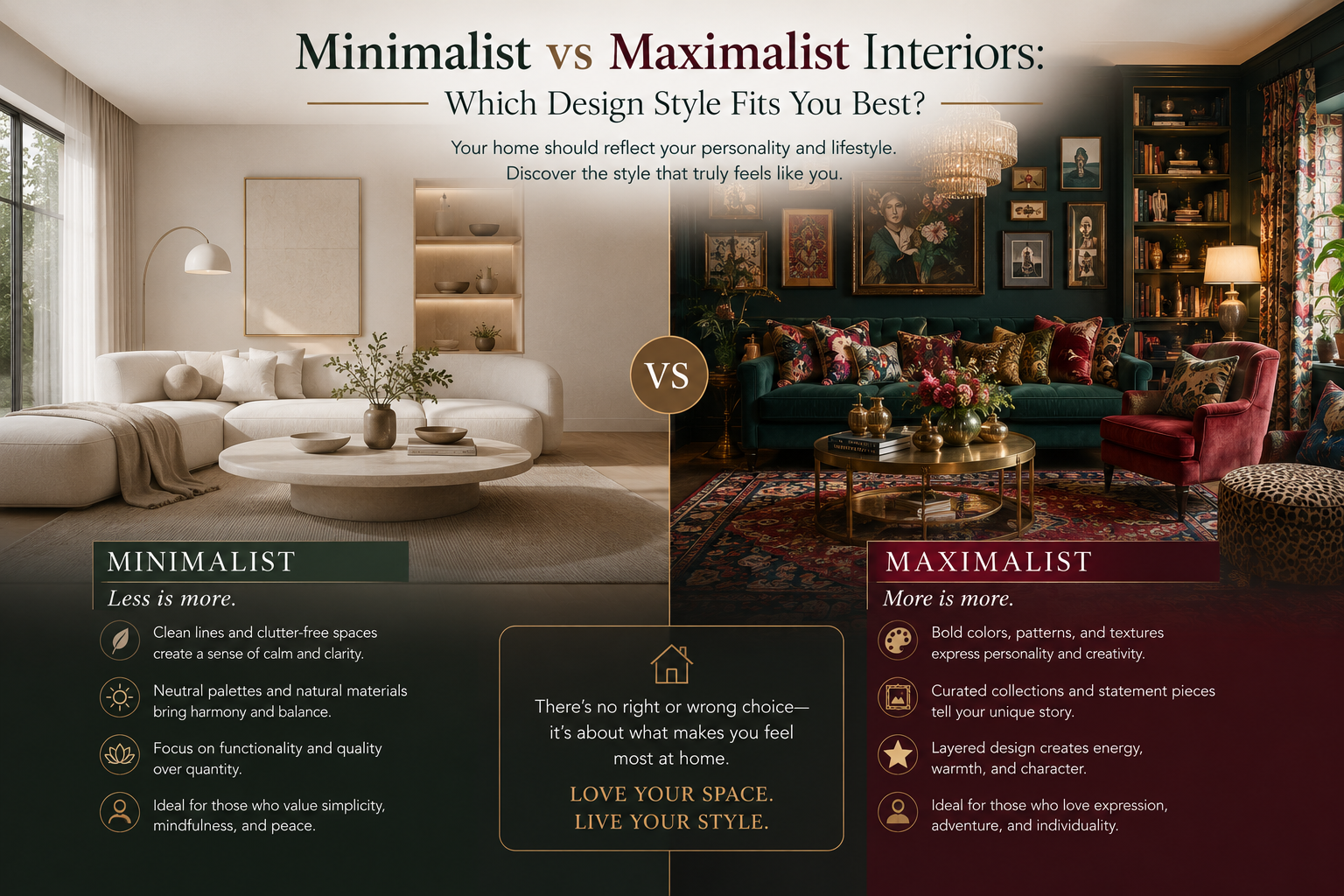 Minimalist vs maximalist interior design comparison featuring modern luxury home styles with clean and bold aesthetics.