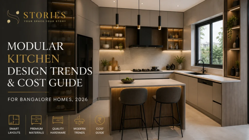 Modern modular kitchen design in Bangalore with handleless cabinets and premium storage