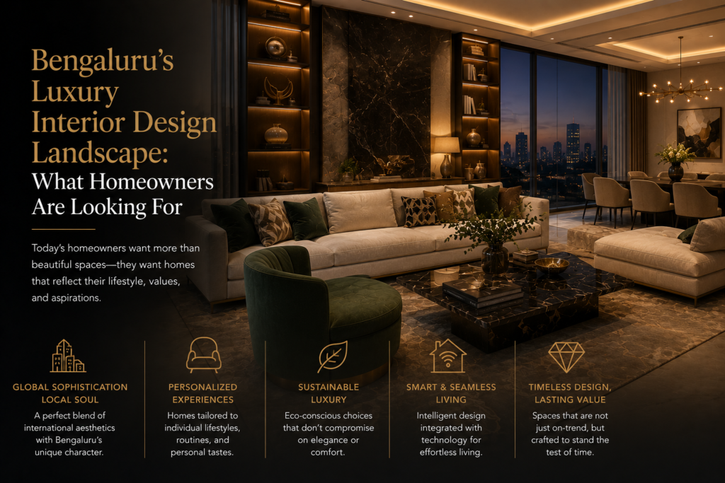 Luxury interior design in Bengaluru featuring personalised spaces, smart technology, modern materials, and timeless design.