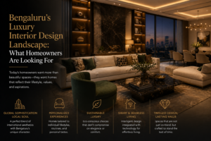 Luxury interior design in Bengaluru featuring personalised spaces, smart technology, modern materials, and timeless design.