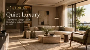 Quiet luxury interior design in an Indian home featuring warm neutrals, natural materials, refined furniture, and understated elegance.