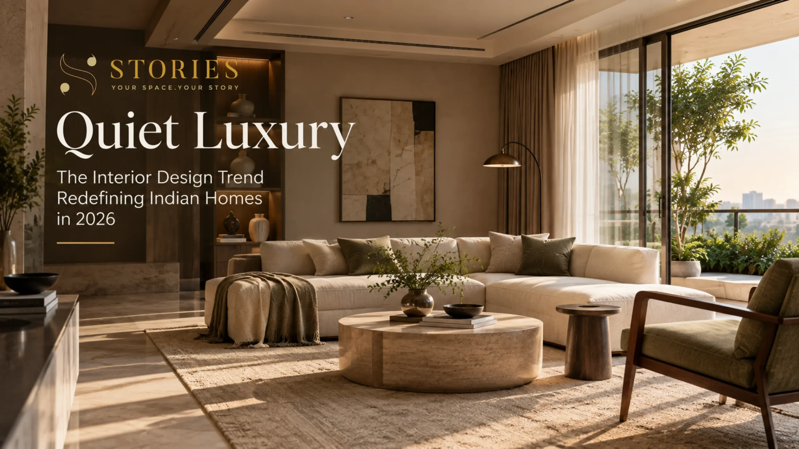 Quiet luxury interior design in an Indian home featuring warm neutrals, natural materials, refined furniture, and understated elegance.