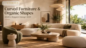 Curved furniture and organic shapes in a luxury Bangalore living room with a sculptural sofa, rounded coffee table, and soft natural textures.