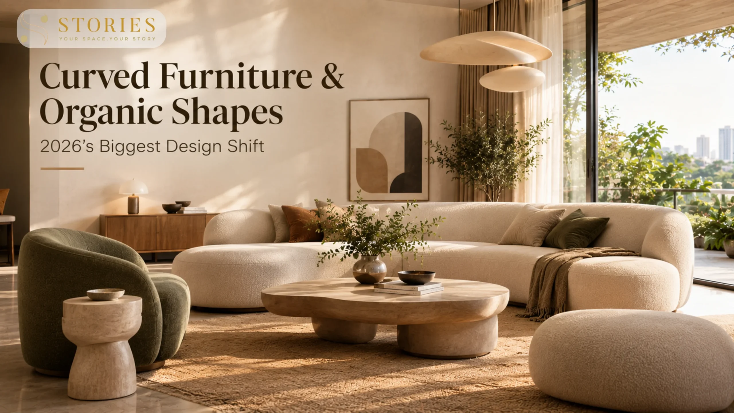 Curved furniture and organic shapes in a luxury Bangalore living room with a sculptural sofa, rounded coffee table, and soft natural textures.