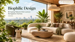 Luxury Bangalore living room with indoor plants, natural wood, stone, and abundant daylight inspired by biophilic design