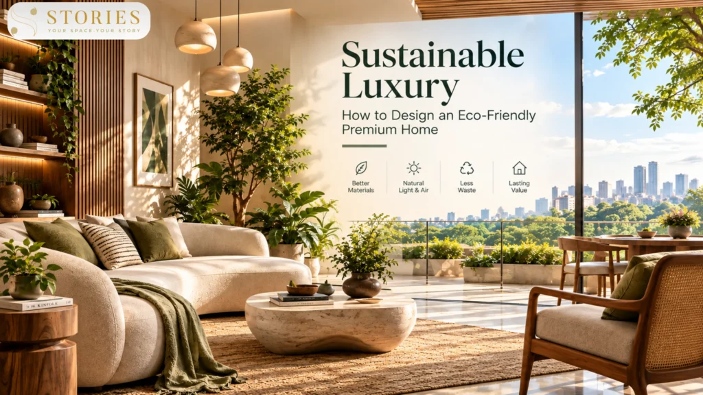 Sustainable luxury home interior with natural materials, greenery, and eco-friendly design elements