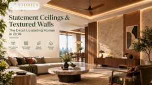 Luxury Bangalore living room featuring a statement wood ceiling, textured plaster walls, warm lighting, and premium interior design details
