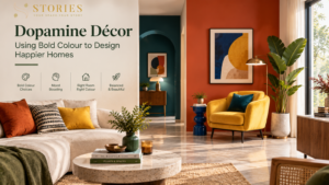 Luxury Indian living room featuring bold colours, warm wood, sculptural furniture, and vibrant décor accents