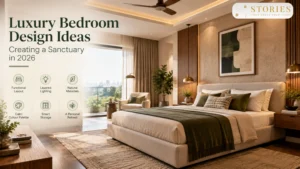 Luxury bedroom interior with warm lighting, natural wood, calming colours, layered textures, and a comfortable seating area