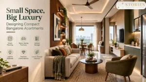 Luxury compact Bangalore apartment interior with space-saving furniture and smart storage design