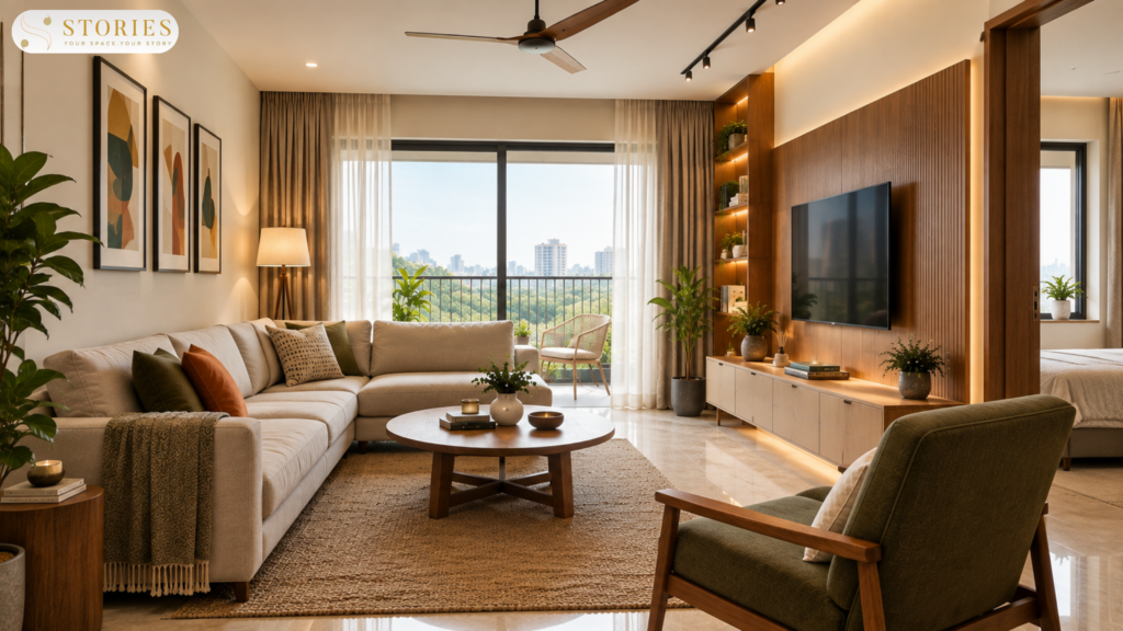 Modern Indian living room interior with warm neutral tones, natural wood, layered lighting, and comfortable seating