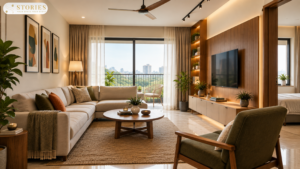 Modern Indian living room interior with warm neutral tones, natural wood, layered lighting, and comfortable seating