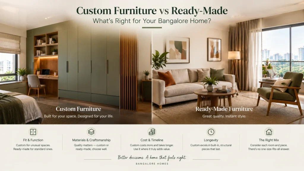Custom-built wardrobe and study area compared with ready-made living room furniture in a luxury Bangalore home.