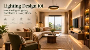 Luxury home interior with layered lighting, warm ambient illumination, and decorative fixtures creating an elegant and inviting atmosphere.