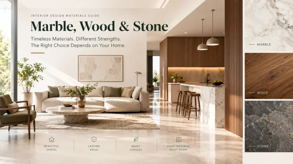 Luxury modern living room featuring marble flooring, warm wooden finishes, and natural stone surfaces, showcasing elegant and timeless interior design materials.