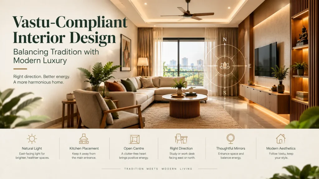 Modern luxury living room in a Bangalore home featuring Vastu-inspired design, natural light, warm wood finishes, greenery, and an elegant contemporary interior.