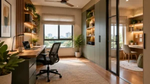 Modern home office and hybrid workspace with custom storage, natural light, warm wood, and a separate study area.