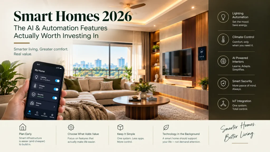 Luxury smart home interior featuring automated lighting, smart climate control, a smartphone home automation dashboard, and integrated security technology.