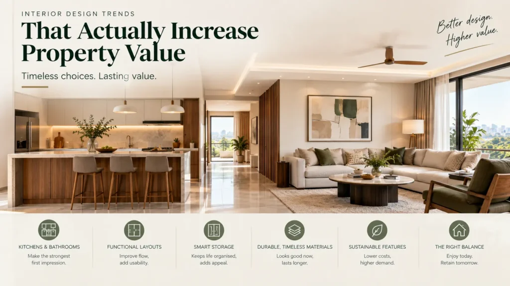 Luxury modern home interior featuring an open-plan kitchen and living room, warm wood finishes, neutral colours, natural light, and timeless design elements that enhance property value.